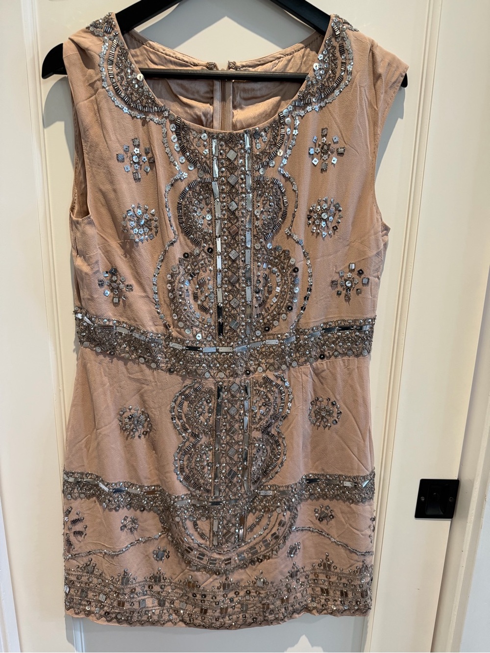 Embellished 100% Silk Sleeveless Sheath Dress - Nude Pink